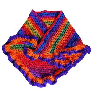 Handmade Rainbow Multi Color Crochet Knit Shawl Wrap With Ruffled Edges Soft NEW